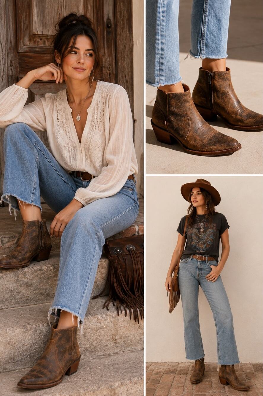 Shyanne Distressed Brown Leather Western Ankle Boots 7 M Cowboy Booties Mexico
